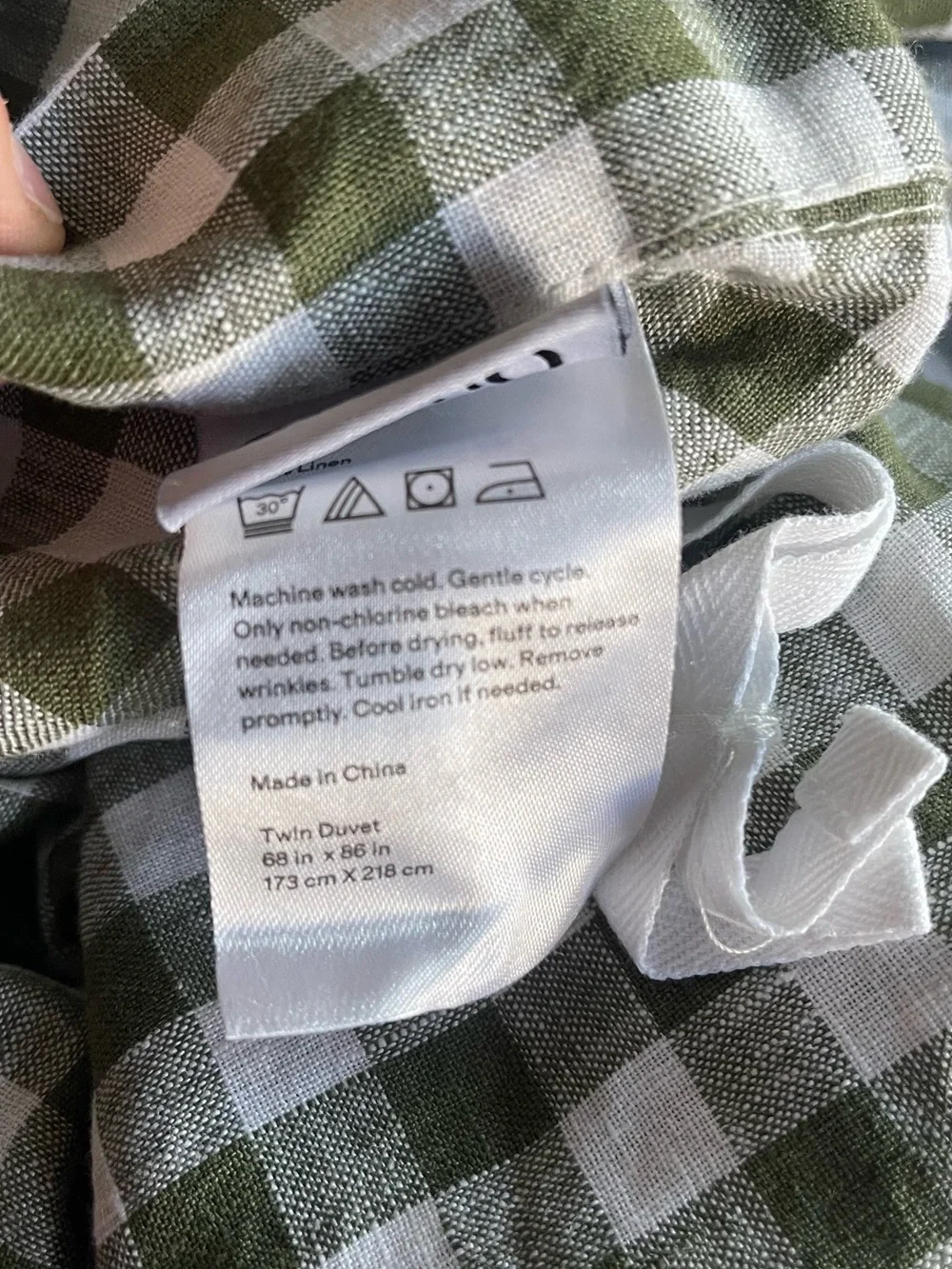 NEW European Linen Gingham Duvet Cover Set, Twin (Olive)